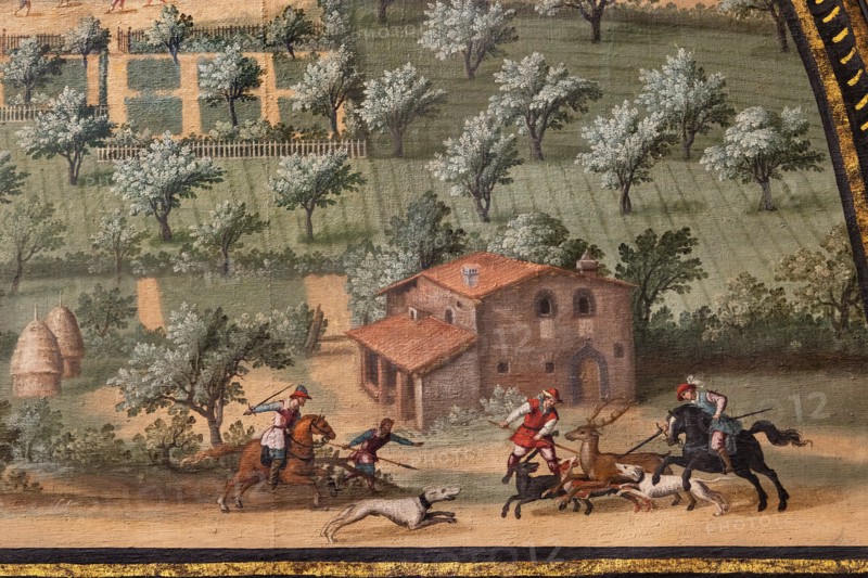 Medici Villa La Petraia: “the Medici villa of La Magia”, in the lunette called “La Magia”, one of the fourteen lunettes by Giusto Utens, Italianized name of Iustus van Utens, 1599-1602. This villa is located in Quarrata.
The lunettes present idyllic aerial views of calligraphic precision, very decorative and precious evidence of the appearance of these buildings in the past. They were painted for the Medici villa of Artimino as an "inventory" (today we would say "cadastre") of the possessions of the Grand Duke Ferdinando I de' Medici, and after various moves, they are preserved today in the Villa La Petraia. Originally there were 17, but only 14 have reached us.
Detail with hunting scene.
Villa medicea La Petraia, Firenze (FI) - Florence, Toscana - Tuscany, Italia - Italy