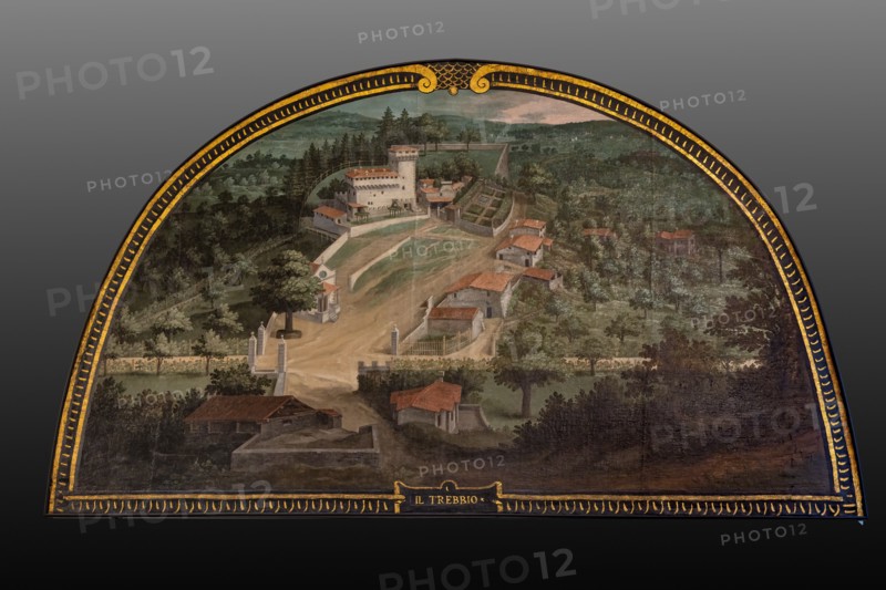 Medici Villa La Petraia: “the Medici villa del Trebbio”, in the lunette called “Il Trebbio”, one of the fourteen lunettes by Giusto Utens, Italianized name of Iustus van Utens, 1599-1602. This villa is located in San Piero a Sieve.
The lunettes present idyllic aerial views of calligraphic precision, very decorative and precious evidence of the appearance of these buildings in the past. They were painted for the Medici villa of Artimino as an "inventory" (today we would say "cadastre") of the possessions of the Grand Duke Ferdinando I de' Medici, and after various moves, they are preserved today in the Villa La Petraia. Originally there were 17, but only 14 have reached us.
Villa medicea La Petraia, Firenze (FI) - Florence, Toscana - Tuscany, Italia - Italy
