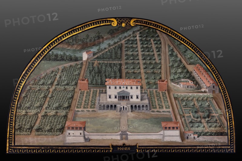 Medici Villa La Petraia: “the Medici villa di Poggio a Caiano”, in the lunette called “Poggio”, one of the fourteen lunettes by Giusto Utens, Italianized name of Iustus van Utens, 1599-1602. This villa is located in Poggio a Caiano (Prato).
The lunettes present idyllic aerial views of calligraphic precision, very decorative and precious evidence of the appearance of these buildings in the past. They were painted for the Medici villa of Artimino as an "inventory" (today we would say "cadastre") of the possessions of the Grand Duke Ferdinando I de' Medici, and after various moves, they are preserved today in the Villa La Petraia. Originally there were 17, but only 14 have reached us.
Villa medicea La Petraia, Firenze (FI) - Florence, Toscana - Tuscany, Italia - Italy