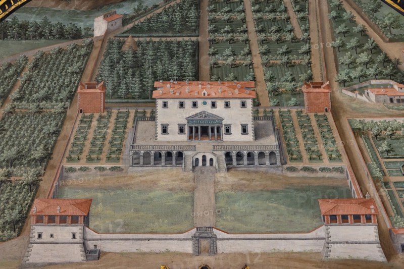 Medici Villa La Petraia: “the Medici villa di Poggio a Caiano”, in the lunette called “Poggio”, one of the fourteen lunettes by Giusto Utens, Italianized name of Iustus van Utens, 1599-1602. This villa is located in Poggio a Caiano (Prato).
The lunettes present idyllic aerial views of calligraphic precision, very decorative and precious evidence of the appearance of these buildings in the past. They were painted for the Medici villa of Artimino as an "inventory" (today we would say "cadastre") of the possessions of the Grand Duke Ferdinando I de' Medici, and after various moves, they are preserved today in the Villa La Petraia. Originally there were 17, but only 14 have reached us.
Detail.
Villa medicea La Petraia, Firenze (FI) - Florence, Toscana - Tuscany, Italia - Italy