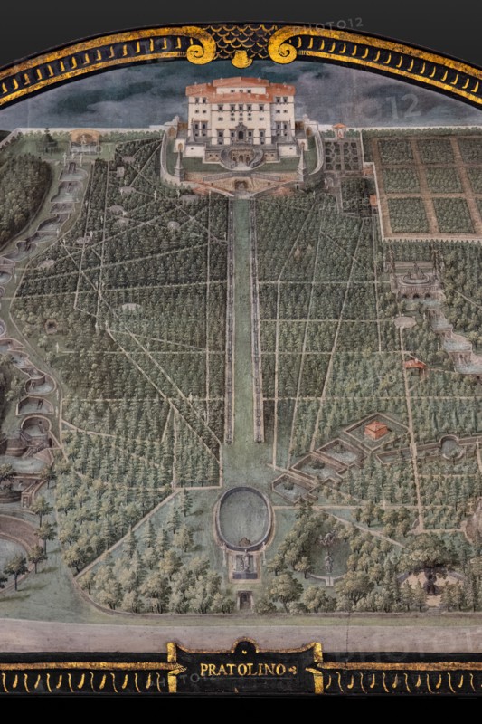 Medici Villa La Petraia: “Medici Villa of Pratolino” in the lunette called “Pratolino”, one of the fourteen lunettes by Giusto Utens, Italianized name of Iustus van Utens, 1599-1602. This villa is located in Pratolino, near Vaglia.
The lunettes present idyllic aerial views of calligraphic precision, very decorative and precious evidence of the appearance of these buildings in the past. They were painted for the Medici villa of Artimino as an "inventory" (today we would say "cadastre") of the possessions of the Grand Duke Ferdinando I de' Medici, and after various moves, they are preserved today in the Villa La Petraia. Originally there were 17, but only 14 have reached us.
Detail.
Villa medicea La Petraia, Firenze (FI) - Florence, Toscana - Tuscany, Italia - Italy