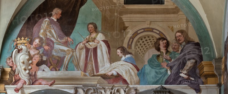 Medici Villa La Petraia, courtyard: “Alessandro, first duke of Florence”, fresco from the cycle of the Fasti Medicei by Volterrano (Baldassarre Franceschini), 1636-1647.
On a kind of raised loggia, Duke Alessandro de' Medici sits on a throne while receiving his title with ducal attributes from representatives of the Florentine Republic in 1531.
Detail.
Villa medicea La Petraia, Firenze (FI) - Florence, Toscana - Tuscany, Italia - Italy