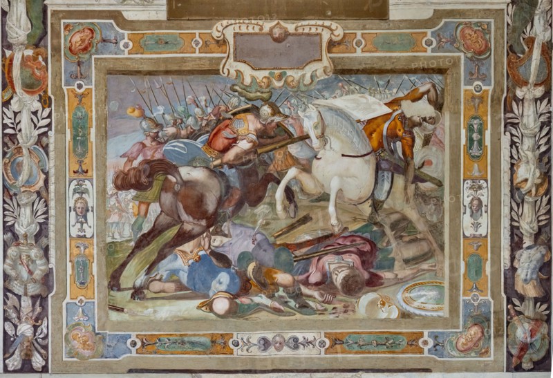 Medici Villa La Petraia, courtyard: “Battle scene”, one of the panels from the cycle of the “Deeds of Godfrey of Bouillon at the capture of Jerusalem”; frescoes by Cosimo Daddi, circa 1589-94.
Villa medicea La Petraia, Firenze (FI) - Florence, Toscana - Tuscany, Italia - Italy