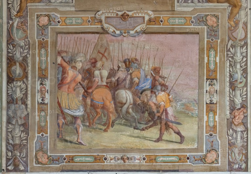 Medici Villa La Petraia, courtyard: “Battle scene”, one of the panels from the cycle of the “Deeds of Godfrey of Bouillon at the capture of Jerusalem”; frescoes by Cosimo Daddi, circa 1589-94.
Villa medicea La Petraia, Firenze (FI) - Florence, Toscana - Tuscany, Italia - Italy