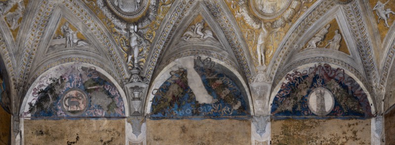Ducal Palace: north-east wall of the “Bridal Chamber or Camera Picta", is a room located in the north-east tower of the Castle of San Giorgio in Mantua. It is famous for the cycle of frescoes that covers its walls, a masterpiece by Andrea Mantegna, created between 1465 and 1474. The general theme is a political-dynastic celebration of the entire family of Ludovico II Gonzaga, with the occasion of the election of his son Francesco as cardinal.
The wall has three beautiful lunettes with festoons and heraldic devices.
Detail.
Palazzo Ducale, Mantova (MN) - Mantua, Lombardia - Lombardy, Italia - Italy
