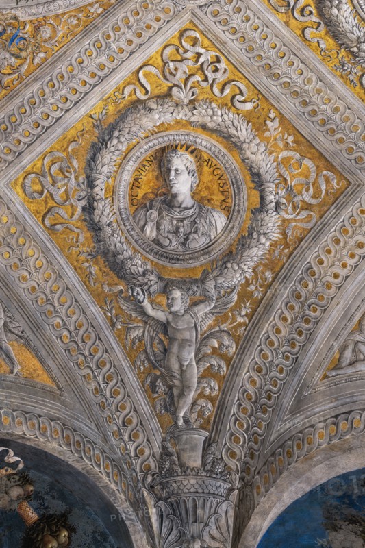 Ducal Palace: vault of the “Bridal Chamber or Camera Picta", which is a room located in the north-east tower of the Castle of San Giorgio in Mantua. It is famous for the cycle of frescoes that covers its walls, a masterpiece by Andrea Mantegna, created between 1465 and 1474.
Detail of the vault: lozenge with a golden background that encloses a circular garland which in turn encloses the portrait of the Roman emperor “Octavanius Augustus”. The garland is supported by a putto.
Palazzo Ducale, Mantova (MN) - Mantua, Lombardia - Lombardy, Italia - Italy