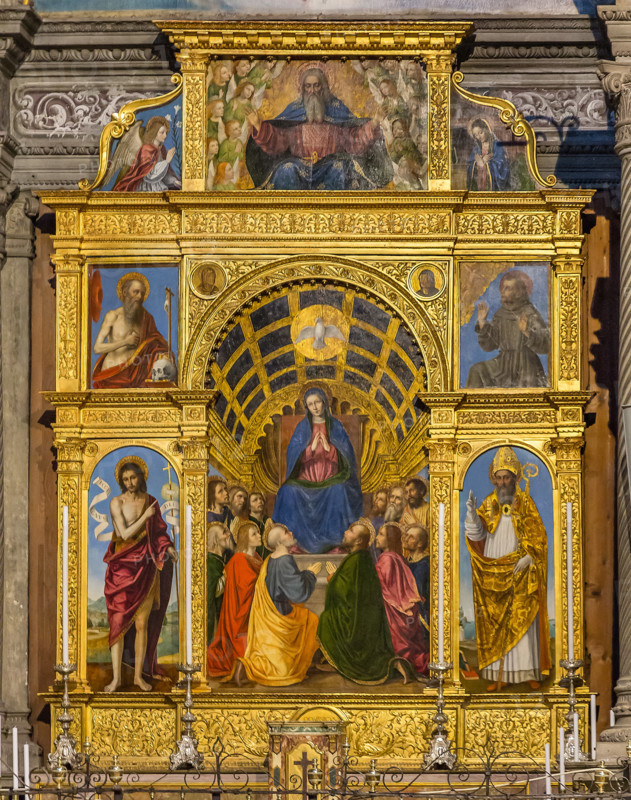 Bergamo, Chiesa di Santo Spirito: polittico in otto scomparti "Madonna in trono con apostoli, quattro santi, Padre Eterno con l'Angelo e l'Annunziata", del Bergognone (1515).

[ENG]
Bergamo, Church of Santo Spirito:  polyptych made of 8 compartments  "Madonna sitting on the throne with four Saints, the Eternal Father with Angel and Annunciate, by Bergognone (1515).
Bergamo (BG), Lombardia - Lombardy, Italia - Italy