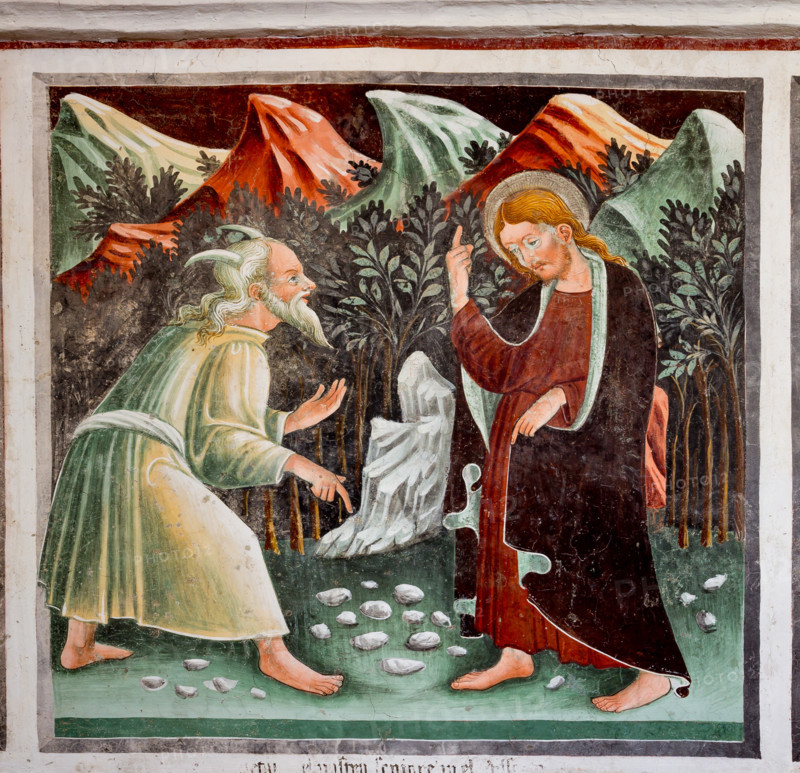 Clusone, Oratorio dei Disciplini o di San Bernardino, interno, affreschi sulla "Vita di Gesù" (1471),  dell'artista clusonese Giacomo Borlone De Buschis: Le tentazioni di Gesù.

[ENG] 
Clusone, Oratory of Disciplini or St. Bernardino, interior, frescoes representing the life of Jesus (1471), by Giacomo Borlone De Buschis:  The temptations of Jesus.
Clusone (BG), Lombardia - Lombardy, Italia - Italy