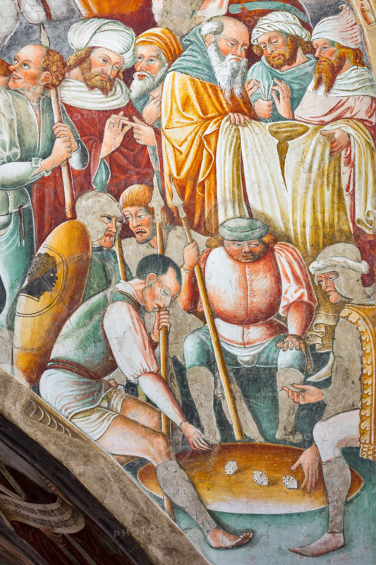 Clusone, Oratorio dei Disciplini o di San Bernardino, interno, affreschi sulla "Vita di Gesù" (1471),  dell'artista clusonese Giacomo Borlone De Buschis: particolare della Crocifissione.

[ENG] 
Clusone, Oratory of Disciplini or St. Bernardino, interior, frescoes representing the life of Jesus (1471), by Giacomo Borlone De Buschis: detail of the Crucifixion.
Clusone (BG), Lombardia - Lombardy, Italia - Italy