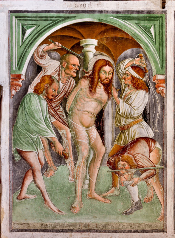 Clusone, Oratorio dei Disciplini o di San Bernardino, interno, affreschi sulla "Vita di Gesù" (1471),  dell'artista clusonese Giacomo Borlone De Buschis: La flagellazione.

[ENG] 
Clusone, Oratory of Disciplini or St. Bernardino, interior, frescoes representing the life of Jesus (1471), by Giacomo Borlone De Buschis:  The Flagellation.
Clusone (BG), Lombardia - Lombardy, Italia - Italy