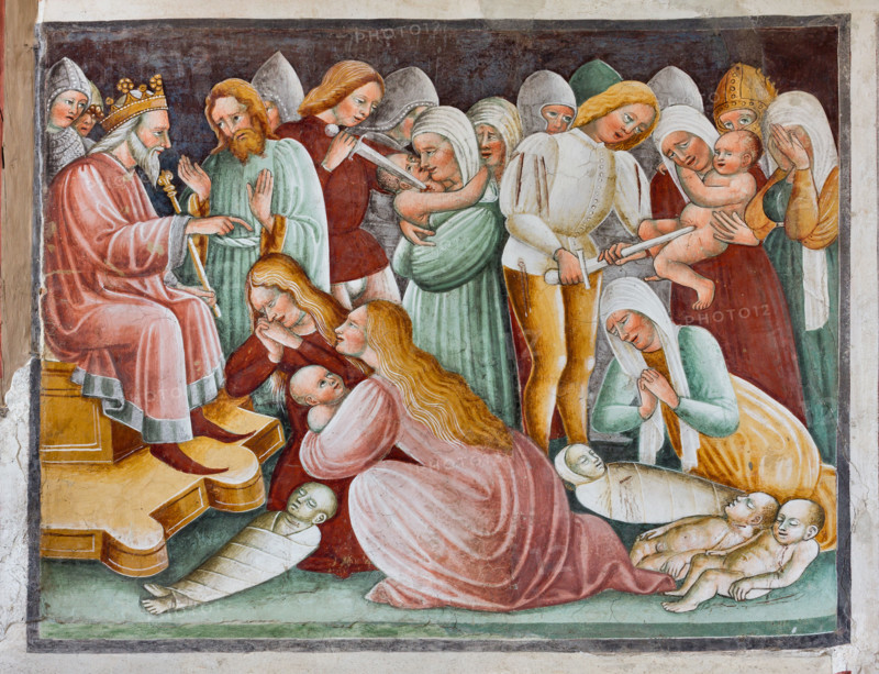 Clusone, Oratorio dei Disciplini o di San Bernardino, interno, affreschi sulla "Vita di Gesù" (1471),  dell'artista clusonese Giacomo Borlone De Buschis: Erode e la Strage degli Innocenti.

[ENG] 
Clusone, Oratory of Disciplini or St. Bernardino, interior, frescoes representing the life of Jesus (1471), by Giacomo Borlone De Buschis: Herod and the Massacre of Innocents.
Clusone (BG), Lombardia - Lombardy, Italia - Italy