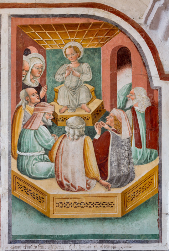 Clusone, Oratorio dei Disciplini o di San Bernardino, interno, affreschi sulla "Vita di Gesù" (1471),  dell'artista clusonese Giacomo Borlone De Buschis: Cristo tra i dottori.

[ENG] 
Clusone, Oratory of Disciplini or St. Bernardino, interior, frescoes representing the life of Jesus (1471), by Giacomo Borlone De Buschis:  Christ among the Doctors.
Clusone (BG), Lombardia - Lombardy, Italia - Italy