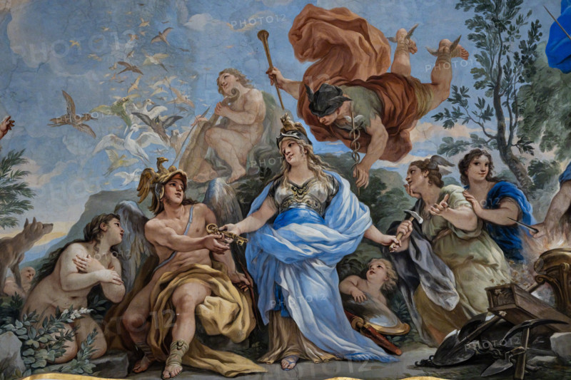 Palazzo Medici Riccardi, Galleria degli specchi (o Sala Luca Giordano): “Minerva protettrice delle Arti e delle Scienze”, particolare della volta. Affreschi di Luca Giordano, 1682 - 1685.

Attraverso l'immagine di Minerva (la Sapienza) e di Mercurio (la Ragione), si mette in luce la maturità dell'uomo. La dea, al centro, lascia le armi a un putto, porge la chiave (simbolo araldico dei Riccardi) all'Ingegno (accompagnato dalla Verità nuda) e un martello ad Artificio e Industria. Il dio, invece, le offre un caduceo e una tromba dorata. 

[ENG]
Medici Riccardi Palace, Gallery of Mirrors (or Room Luca Giordano): “Minerva protectress of the Arts and Sciences”, detail of the vault. Frescoes by Luca Giordano, 1682 - 1685.

Through the image of Minerva (Wisdom) and Mercury (Reason), man's maturity is highlighted. The goddess, in the centre, leaves her weapons to a putto, offers the key (heraldic symbol of the Riccardi) to Ingenuity (accompanied by naked Truth) and a hammer to Artifice a...