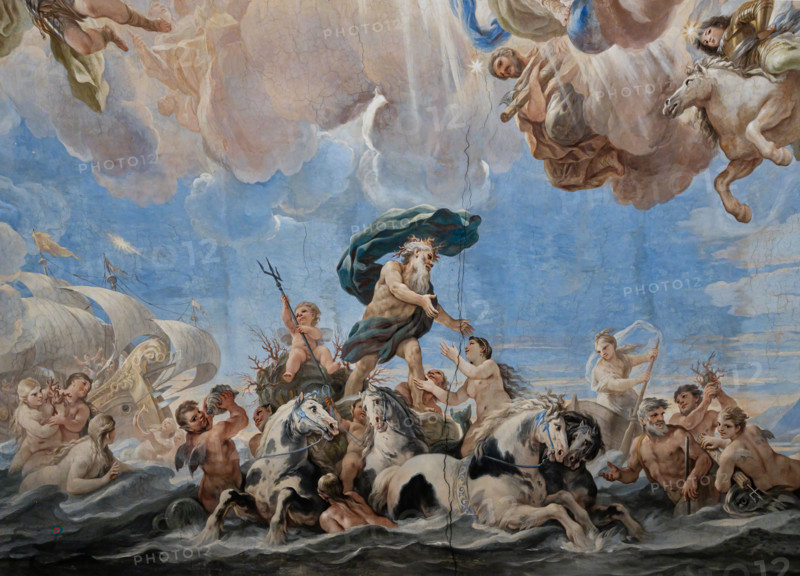 Palazzo Medici Riccardi, Galleria degli specchi (o Sala Luca Giordano): “Nettuno e Anfitrite”, particolare della volta. Affreschi di Luca Giordano, 1682 - 1685.
Diverse divinità marine circondano lo sposalizio tra Nettuno e Anfitrite (allegoria dell'Estate). 

[ENG]
Medici Riccardi Palace, Gallery of Mirrors (or Room Luca Giordano): “Neptune and Amphitrite”. Detail of the vault. Frescoes by Luca Giordano, 1682 - 1685.
Various marine deities surround the wedding between Neptune and Amphitrite (allegory of Summer).
Palazzo Medici Riccardi, Firenze (FI) - Florence, Toscana - Tuscany, Italia - Italy