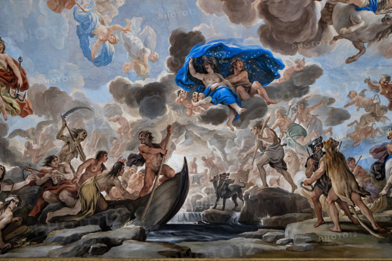 Medici Riccardi Palace, Gallery of Mirrors (or Room Luca Giordano): “Transport to the Underworld”; detail of the vault.
Frescoes by Luca Giordano; 1682 - 1685.

Pluto transports several people to the underworld on a boat. Also appearing in the scene are Hercules (from behind, wearing the lion's skin), the Harpies (in flight), the Erinyes (with torches in their hands), the dog Cerberus, placed on the shore awaiting the arrival of Pluto, Charon on the boat, personified Death, behind Pluto, with the scythe and the deceased souls, while in the background we can glimpse the forge of Vulcan (element of Fire, allegory of Winter). Above is the fluttering Night, which with its cloak of stars protects sleep (the cherubs with masks and butterfly and bat wings instead symbolize dreams).
Palazzo Medici Riccardi, Firenze (FI) - Florence, Toscana - Tuscany, Italia - Italy