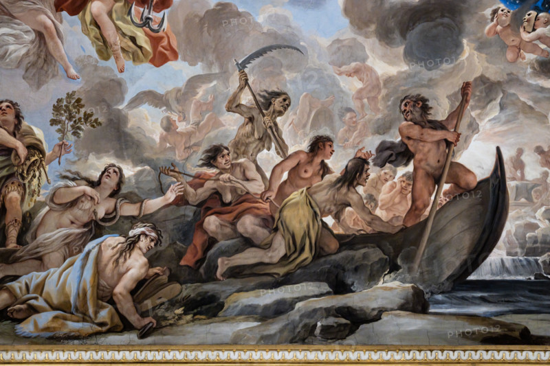Palazzo Medici Riccardi, Galleria degli specchi (o Sala Luca Giordano): “Trasporto agli inferi”; particolare della volta.
Affreschi di Luca Giordano, 1682 - 1685.

Plutone trasporta agli inferi diverse persone su una barca. Appaiono nella scena Caronte sulla barca, Morte personificata, alle spalle di Plutone, con la falce e le anime defunte.

[ENG]
Medici Riccardi Palace, Gallery of Mirrors (or Room Luca Giordano): “Transport to the Underworld”; detail of the vault.
Frescoes by Luca Giordano; 1682 - 1685.

Pluto transports several people to the underworld on a boat. Charon appears in the scene on the boat, Death personified, behind Pluto, with the scythe and the deceased souls.
Palazzo Medici Riccardi, Firenze (FI) - Florence, Toscana - Tuscany, Italia - Italy