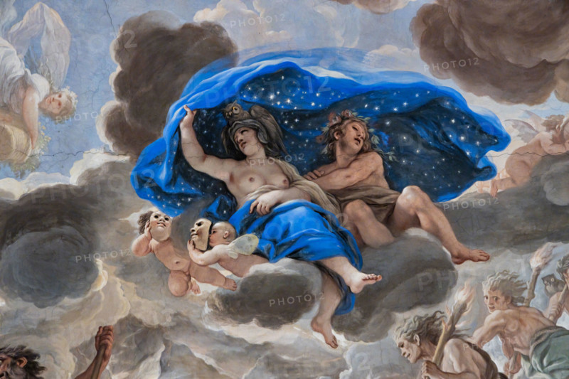 Medici Riccardi Palace, Gallery of Mirrors (or Room Luca Giordano): “Transport to the Underworld”; detail of the vault.
Frescoes by Luca Giordano; 1682 - 1685.

Detail with the dog Cerberus, placed on the shore awaiting the arrival of Pluto, Charon on the boat. Above is the fluttering Night, which with its cloak of stars protects sleep (the cherubs with masks and butterfly and bat wings instead symbolize dreams).
Palazzo Medici Riccardi, Firenze (FI) - Florence, Toscana - Tuscany, Italia - Italy