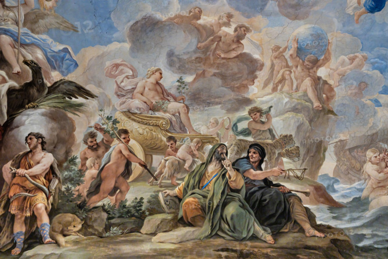 Palazzo Medici Riccardi, Galleria degli specchi (o Sala Luca Giordano): “Il trionfo di Bacco”, particolare della volta. 
Affreschi di Luca Giordano; 1682 - 1685.
Bacco portato in trionfo su di un carro (allegoria dell'Autunno).  In basso a destra Momo e Arpocrate.

[ENG]
Medici Riccardi Palace, Gallery of Mirrors (or Room Luca Giordano): “The triumph of Bacchus”, detail of the vault.
Frescoes by Luca Giordano, 1682 - 1685.
Bacchus carried in triumph on a chariot (allegory of Autumn). On the right bottom, Momus and Harpocrates.
Palazzo Medici Riccardi, Firenze (FI) - Florence, Toscana - Tuscany, Italia - Italy