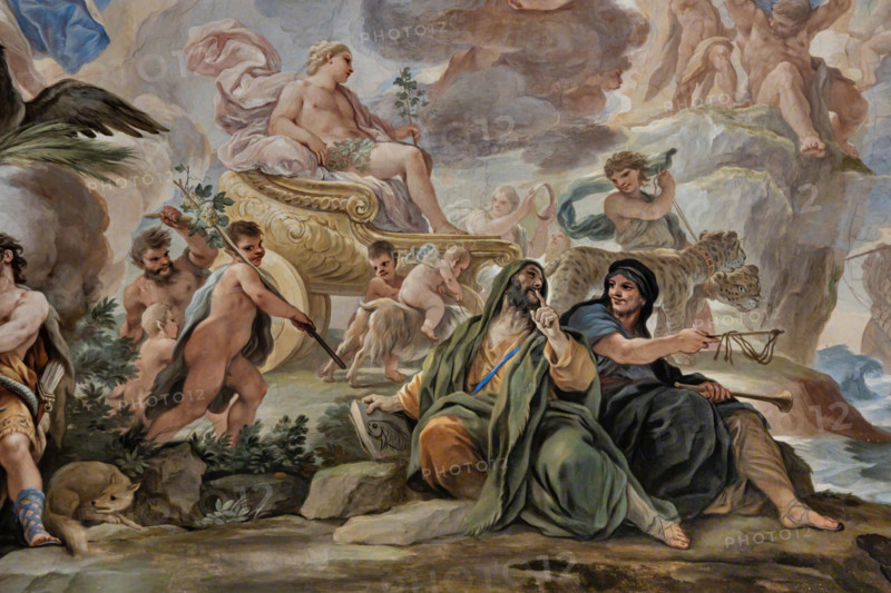 Palazzo Medici Riccardi, Galleria degli specchi (o Sala Luca Giordano): “Il trionfo di Bacco”, particolare della volta. 
Affreschi di Luca Giordano; 1682 - 1685.
Bacco portato in trionfo su di un carro (allegoria dell'Autunno).  In basso a destra Momo e Arpocrate.

[ENG]
Medici Riccardi Palace, Gallery of Mirrors (or Room Luca Giordano): “The triumph of Bacchus”, detail of the vault.
Frescoes by Luca Giordano, 1682 - 1685.
Bacchus carried in triumph on a chariot (allegory of Autumn). On the right bottom, Momus and Harpocrates.
Palazzo Medici Riccardi, Firenze (FI) - Florence, Toscana - Tuscany, Italia - Italy