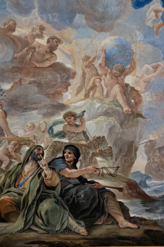 Medici Riccardi Palace, Gallery of Mirrors (or Room Luca Giordano): “The triumph of Bacchus”, detail of the vault.
Frescoes by Luca Giordano, 1682 - 1685.
Detail with Momus and Harpocrates on the bottom, and Hercules and Atlas above.
Palazzo Medici Riccardi, Firenze (FI) - Florence, Toscana - Tuscany, Italia - Italy