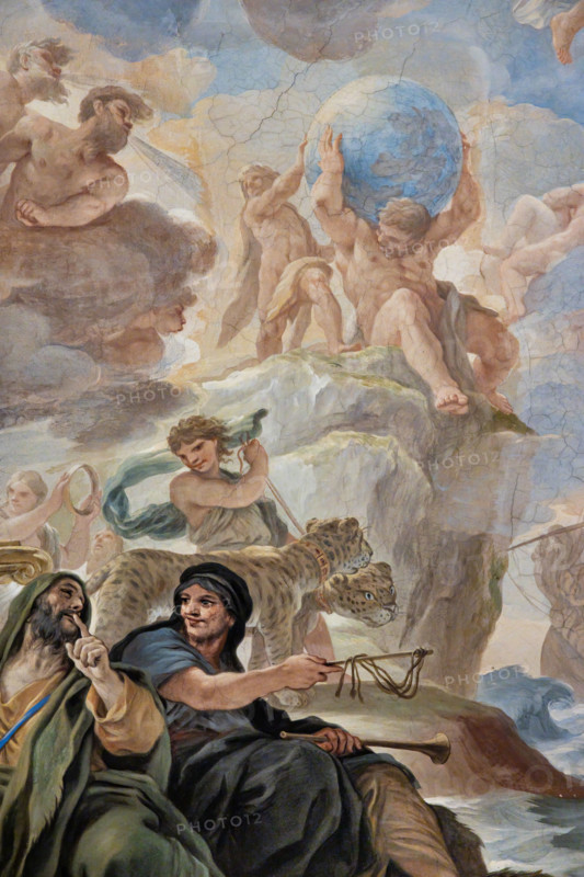 Palazzo Medici Riccardi, Galleria degli specchi (o Sala Luca Giordano): “Il trionfo di Bacco”, particolare della volta. 
Affreschi di Luca Giordano; 1682 - 1685.
Dettaglio con Momo e Arpocrate in basso, ed Ercole e Atlante in alto.

[ENG]
Medici Riccardi Palace, Gallery of Mirrors (or Room Luca Giordano): “The triumph of Bacchus”, detail of the vault.
Frescoes by Luca Giordano, 1682 - 1685.
Detail with Momus and Harpocrates on the bottom, and Hercules and Atlas above.
Palazzo Medici Riccardi, Firenze (FI) - Florence, Toscana - Tuscany, Italia - Italy