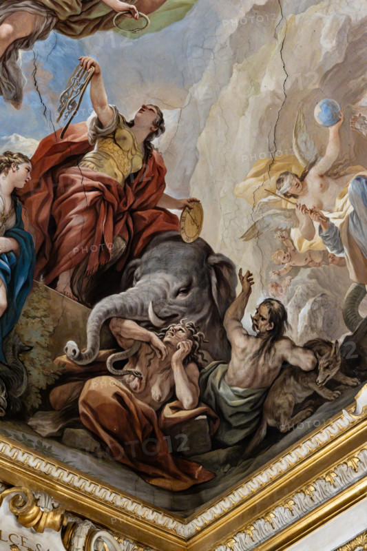 Palazzo Medici Riccardi, Galleria degli specchi (o Sala Luca Giordano): “Allegoria della Temperanza”, particolare della volta. 
Affreschi di Luca Giordano; 1682 - 1685.

La virtù è ritratta come una guerriera con orologio e un freno fra le mani (simboleggianti la capacità di moderazione). Accanto a lei è un elefante. Più in basso, a terra, giacciono tre vizi: l'Accidia, l'Invidia (con chioma serpentiforme) e la Rabbia. 

[ENG]
Medici Riccardi Palace, Gallery of Mirrors (or Room Luca Giordano): “The Allegory of Temperance”, detail of the vault.
Frescoes by Luca Giordano, 1682 - 1685.

Virtue is portrayed as a warrior with a watch and a brake in her hands (symbolizing the ability to moderate). Next to her is an elephant. Lower down, on the ground, three vices lie: Sloth, Envy (with serpentine hair) and Anger.
Palazzo Medici Riccardi, Firenze (FI) - Florence, Toscana - Tuscany, Italia - Italy