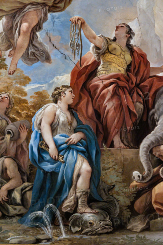 Palazzo Medici Riccardi, Galleria degli specchi (o Sala Luca Giordano): “Allegoria della Temperanza”, particolare della volta. 
Affreschi di Luca Giordano; 1682 - 1685.

La virtù è ritratta come una guerriera con orologio e un freno fra le mani (simboleggianti la capacità di moderazione). Accanto a lei è un elefante. In alto volteggiano la Tranquillità, la Giovinezza e la Voluttà, mentre in basso vengono collocati la Modestia e la Sobrietà mentre domina una figura marina con una chiave dorata in mano.

[ENG]
Medici Riccardi Palace, Gallery of Mirrors (or Room Luca Giordano): “The Allegory of Temperance”, detail of the vault.
Frescoes by Luca Giordano, 1682 - 1685.

Virtue is portrayed as a warrior with a watch and a brake in her hands (symbolizing the ability to moderate). Next to her is an elephant. Tranquility, Youth and Voluptuousness hover above, while Modesty and Sobriety are placed below while she dominates a marine figure with a golden key in her hand.
Palazzo Medici R...