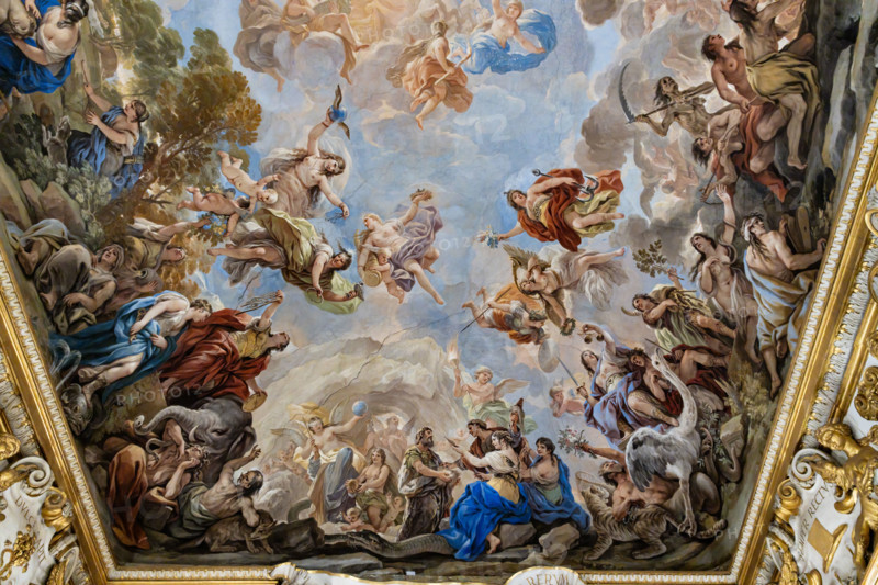 Palazzo Medici Riccardi, Galleria degli specchi (o Sala Luca Giordano): veduta del lato occidentale della volta.  Al centro,  “l’Antro dell'Eternità e la nascita dell'uomo”; a destra l’allegoria della Giustizia e a sinistra l’allegoria della Temperanza.
Affreschi di Luca Giordano; 1682 - 1685.


[ENG]
Medici Riccardi Palace, Gallery of Mirrors (or Room Luca Giordano): view of the western side of the vault. At the centre "the Cave of Eternity and the Birth of Man"; on the right the allegory of Justice and on the left the allegory of Temperance.
Frescoes by Luca Giordano; 1682 - 1685.
Palazzo Medici Riccardi, Firenze (FI) - Florence, Toscana - Tuscany, Italia - Italy