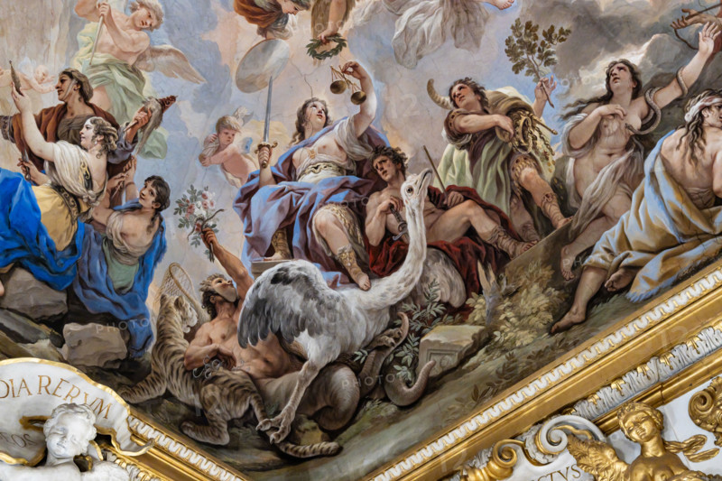 Palazzo Medici Riccardi, Galleria degli specchi (o Sala Luca Giordano): “Allegoria della Giustizia”, particolare della volta. 
Affreschi di Luca Giordano; 1682 - 1685.

La virtù, ritratta mentre riceve la corona dalla Fama, ha in mano una spada ed una bilancia; accanto sono la Clemenza e la Sicurezza. Sulla roccia sottostante siedono il Castigo, un uomo con verga e spada, e il Premio, un uomo che ha in mano una cornucopia di tesori. Con loro vi è anche uno struzzo (simbolo di pazienza), mentre a terra sono l'Inganno (la persona a sinistra che occulta il capo, con gambe simili alla coda di un serpente e con in mano dei fiori dentro i quali vi è nascosto un serpente e assieme a una tigre), la Discordia (la figura che con il mantice soffia sul fuoco) e il Conflitto (con un serpente sul braccio).  

[ENG]
Medici Riccardi Palace, Gallery of Mirrors (or Room Luca Giordano): “The Allegory of Justice”, detail of the vault.
Frescoes by Luca Giordano, 1682 - 1685.

Virtue, portrayed whi...