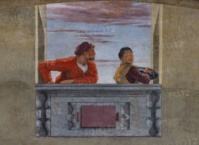 “Cenacolo”,  di Andrea del Sarto, affresco  (525x871 cm), databile al 1511-1527. L’opera è  conservata nel refettorio del monastero vicino alla chiesa di San Salvi a Firenze. Particolare di una terrazza dove due personaggi, sullo sfondo di un cielo al tramonto, assistono all’Ultima Cena. Si tratta di una piccola scena di genere, poiché uno dei due tiene un vassoio ed è quindi un servitore della locanda, mentre l'altro, con le braccia saldamente appoggiate alla terrazza come se avesse appena finito di sbirciare giù, rivolge lo sguardo verso di lui.

[ENG]
“The Last Supper”, by Andrea del Sarto, fresco (525x871 cm), datable to 1511-1527. The work is preserved in the refectory of the monastery near the church of San Salvi in Florence. Detail of a terrace where two characters, against the background of a sunset sky, witness the Last Supper. It is a small genre scene, since one of the two is holding a tray and is therefore a servant of the inn, while the other, with his arms firmly resti...