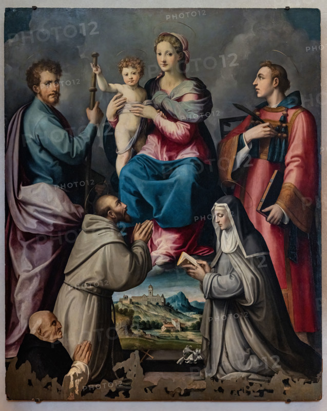 “Madonna in Glory between SS Jacob and Lawrence, Francis and Clare with the client Leonardo Bonafede”, by Michele Tosini by Ridolfo del Ghirlandaio, oil painting on panel from the Church of St. Jacob and St. Lawrence, 16th century.
Chiesa di San Salvi, Museo del C, Firenze (FI) - Florence, Toscana - Tuscany, Italia - Italy