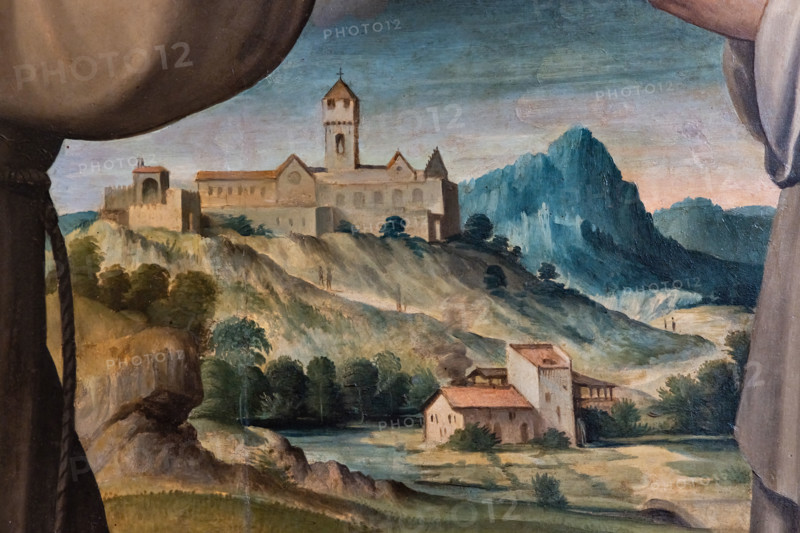 “Madonna in Gloria fra i SS Jacopo e Lorenzo, Francesco e Chiara con il committente Leonardo Bonafede”, di Michele Tosini di Ridolfo del Ghirlandaio, olio su tavola dalla Chiesa di S. Jacopo e S. Lorenzo, XVI secolo. Particolare con veduta della Certosa del Galluzzo a Firenze.

[ENG]
“Madonna in Glory between SS Jacob and Lawrence, Francis and Clare with the client Leonardo Bonafede”, by Michele Tosini by Ridolfo del Ghirlandaio, oil painting on panel from the Church of St. Jacob and St. Lawrence, 16th century. Detail with a view of the Certosa del Galluzzo in Florence.
Chiesa di San Salvi, Museo del C, Firenze (FI) - Florence, Toscana - Tuscany, Italia - Italy