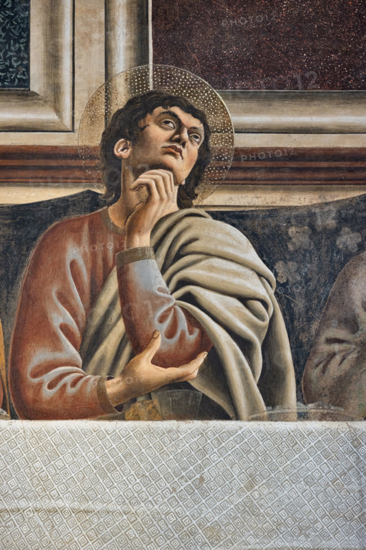 “L’Ultima Cena”, affresco (453 × 975 cm)  di Andrea del Castagno, 1447 circa, conservato sulla parete ovest del refettorio del monastero di Sant'Apollonia a Firenze, oggi museo del Cenacolo di Sant’Apollonia. Particolare di San Tommaso che appare raffigurato in atteggiamento di chiaro scetticismo, con il capo rivolto verso l'alto e la mano sul mento a sostenerlo: questi è, infatti, l'apostolo che nel Vangelo afferma la sua esigenza di vedere per credere.

[ENG]
“The Last Supper”, fresco (453 × 975 cm) by Andrea del Castagno, about 1447, preserved on the west wall of the refectory of the monastery of Sant'Apollonia in Florence, now the museum of the Cenacle of Sant'Apollonia. Detail of Saint Thomas who appears depicted in an attitude of clear skepticism, with his head turned upwards and his hand on his chin to support him: this is, in fact, the apostle who in the Gospel affirms his need to see to believe.
Museo del Cenacolo di Sant'Apoll, Firenze (FI) - Florence, Toscana - Tuscany, ...