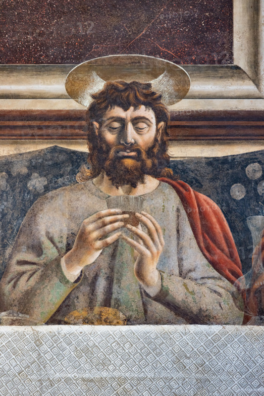 “The Last Supper”, fresco (453 × 975 cm) by Andrea del Castagno, about 1447, preserved on the west wall of the refectory of the monastery of Sant'Apollonia in Florence, now the museum of the Cenacle of Sant'Apollonia. Detail of Saint James who holds a glass in his two hands and appears to be motionless and thoughtful.
Museo del Cenacolo di Sant'Apoll, Firenze (FI) - Florence, Toscana - Tuscany, Italia - Italy