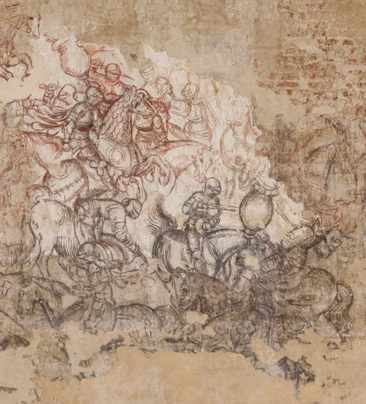 Palazzo Ducale, sala dei Papi, parete sud-est: “Torneo di Cavalieri” o “Torneo-battaglia di Louvezerp”,  1430-1433, di Antonio di Puccio, detto il Pisanello. Sinopia relativa alla pittura murale della sala de Pisanello, Il soggetto è tratto da “Le roman en prose de Tristan”, capolavoro della letteratura cavalleresca.
Particolare.

[ENG]
Ducal Palace, Hall of the Popes, south-east wall: “Tournament of Knights” or “Tournament-Battle of Louvezerp”, 1430-1433, by Antonio di Puccio, known as Pisanello. Sinopia relating to the wall painting of the Pisanello room, the subject is taken from “Le roman en prose de Tristan”, a masterpiece of chivalric literature.
Detail.
Palazzo Ducale, Mantova (MN) - Mantua, Lombardia - Lombardy, Italia - Italy