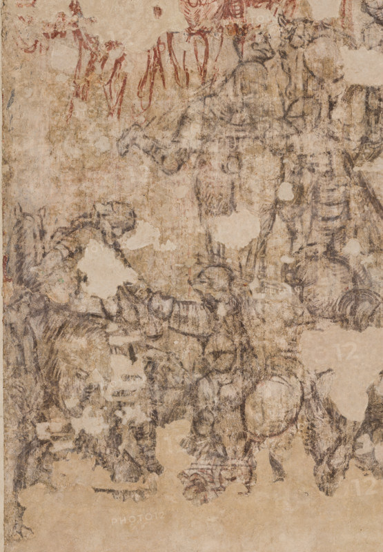 Palazzo Ducale, sala dei Papi, parete sud-est: “Torneo di Cavalieri” o “Torneo-battaglia di Louvezerp”,  1430-1433, di Antonio di Puccio, detto il Pisanello. Sinopia relativa alla pittura murale della sala de Pisanello, Il soggetto è tratto da “Le roman en prose de Tristan”, capolavoro della letteratura cavalleresca.
Particolare.

[ENG]
Ducal Palace, Hall of the Popes, south-east wall: “Tournament of Knights” or “Tournament-Battle of Louvezerp”, 1430-1433, by Antonio di Puccio, known as Pisanello. Sinopia relating to the wall painting of the Pisanello room, the subject is taken from “Le roman en prose de Tristan”, a masterpiece of chivalric literature.
Detail.
Palazzo Ducale, Mantova (MN) - Mantua, Lombardia - Lombardy, Italia - Italy