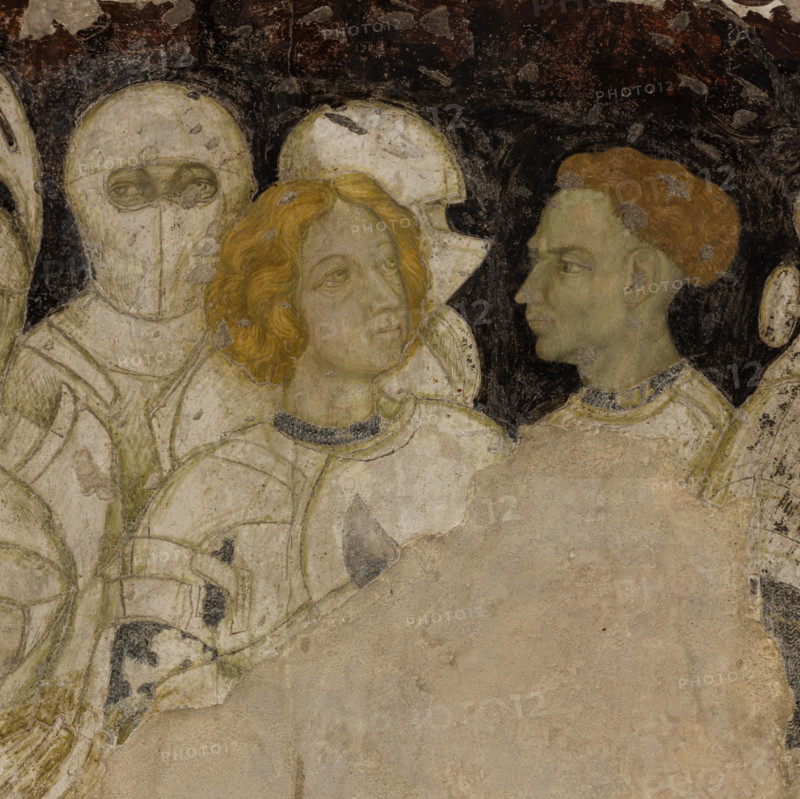 Palazzo Ducale, Pisanello room, south-east wall: “Tournament-Battle of Louvezerp”, 1430-1433, by Antonio di Puccio, known as Pisanello. detached wall painting, mixed media. The subject is taken from “Le roman en prose de Tristan”, a masterpiece of chivalric literature.
Detail with knights.
Palazzo Ducale, Mantova (MN) - Mantua, Lombardia - Lombardy, Italia - Italy