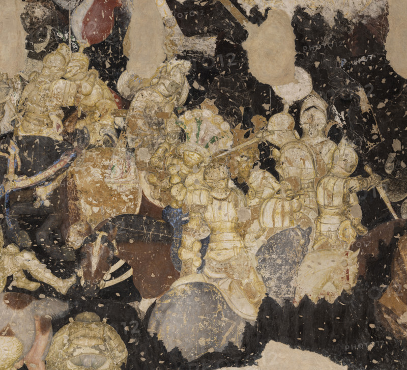 Palazzo Ducale, Pisanello room, south-east wall: “Tournament-Battle of Louvezerp”, 1430-1433, by Antonio di Puccio, known as Pisanello. detached wall painting, mixed media. The subject is taken from “Le roman en prose de Tristan”, a masterpiece of chivalric literature.
Detail.
Palazzo Ducale, Mantova (MN) - Mantua, Lombardia - Lombardy, Italia - Italy