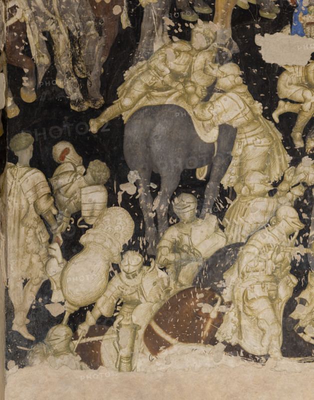Palazzo Ducale, sala del Pisanello, parete sud-est: “Torneo-battaglia di Louvezerp”,  1430-1433, di Antonio di Puccio, detto il Pisanello. pittura murale strappata, tecnica mista.  Il soggetto è tratto da “Le roman en prose de Tristan”, capolavoro della letteratura cavalleresca.
Particolare.


[ENG]
Palazzo Ducale, Pisanello room, south-east wall: “Tournament-Battle of Louvezerp”, 1430-1433, by Antonio di Puccio, known as Pisanello. detached wall painting, mixed media. The subject is taken from “Le roman en prose de Tristan”, a masterpiece of chivalric literature.
Detail.
Palazzo Ducale, Mantova (MN) - Mantua, Lombardia - Lombardy, Italia - Italy