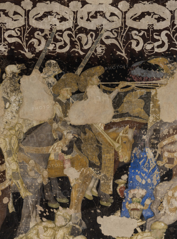 Palazzo Ducale, Pisanello room, south-east wall: “Tournament-Battle of Louvezerp”, 1430-1433, by Antonio di Puccio, known as Pisanello. detached wall painting, mixed media. The subject is taken from “Le roman en prose de Tristan”, a masterpiece of chivalric literature.
Detail with trumpeters.
Palazzo Ducale, Mantova (MN) - Mantua, Lombardia - Lombardy, Italia - Italy