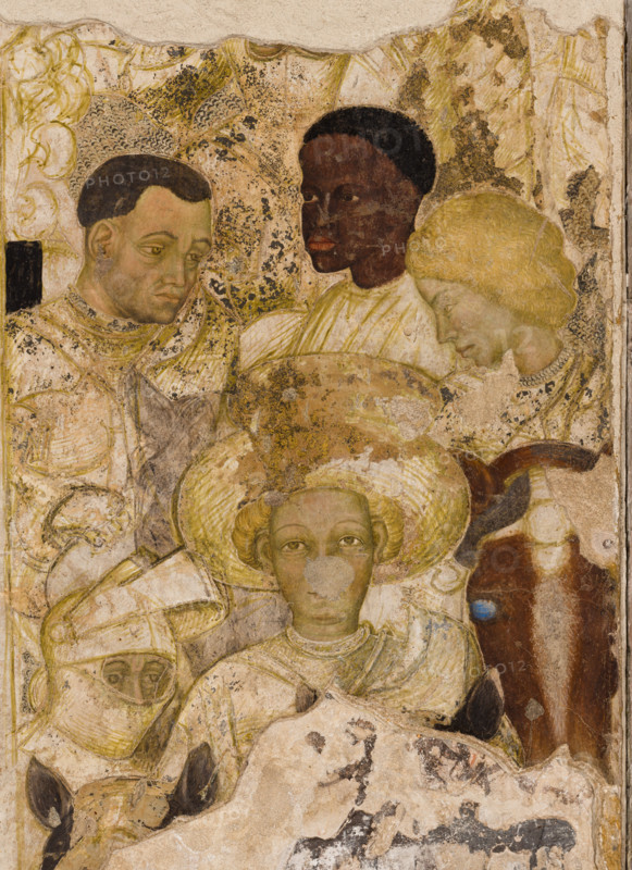 Palazzo Ducale, sala del Pisanello, parete nord-est: “Torneo-battaglia di Louvezerp”,  1430-1433, di Antonio di Puccio, detto il Pisanello. pittura murale strappata, tecnica mista.  Il soggetto è tratto da “Le roman en prose de Tristan”, capolavoro della letteratura cavalleresca.
Dettaglio con cavalieri, moro e dame.

[ENG]
Palazzo Ducale, Pisanello room, north-east wall: “Tournament-Battle of Louvezerp”, 1430-1433, by Antonio di Puccio, known as Pisanello. detached wall painting, mixed media. The subject is taken from “Le roman en prose de Tristan”, a masterpiece of chivalric literature.
Detail with knights, moor and ladies of court.
Palazzo Ducale, Mantova (MN) - Mantua, Lombardia - Lombardy, Italia - Italy