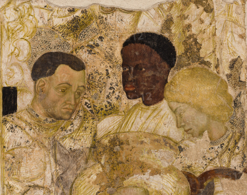Palazzo Ducale, Pisanello room, north-east wall: “Tournament-Battle of Louvezerp”, 1430-1433, by Antonio di Puccio, known as Pisanello. detached wall painting, mixed media. The subject is taken from “Le roman en prose de Tristan”, a masterpiece of chivalric literature.
Detail with knights, moor and ladies of court.
Palazzo Ducale, Mantova (MN) - Mantua, Lombardia - Lombardy, Italia - Italy