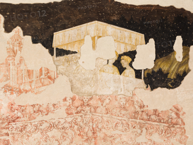 Palazzo Ducale, sala del Pisanello, parete nord-est: “Torneo-battaglia di Louvezerp”,  1430-1433, di Antonio di Puccio, detto il Pisanello. pittura murale strappata, tecnica mista.  Il soggetto è tratto da “Le roman en prose de Tristan”, capolavoro della letteratura cavalleresca.
Dettaglio con dame in un baldacchino.

[ENG]
Palazzo Ducale, Pisanello room, north-east wall: “Tournament-Battle of Louvezerp”, 1430-1433, by Antonio di Puccio, known as Pisanello. detached wall painting, mixed media. The subject is taken from “Le roman en prose de Tristan”, a masterpiece of chivalric literature.
Detail with ladies of court in a canopy.
Palazzo Ducale, Mantova (MN) - Mantua, Lombardia - Lombardy, Italia - Italy