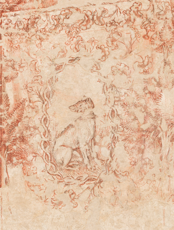 Palazzo Ducale, Pisanello room, north-east wall: “Tournament-Battle of Louvezerp”, 1430-1433, by Antonio di Puccio, known as Pisanello. detached wall painting, mixed media. The subject is taken from “Le roman en prose de Tristan”, a masterpiece of chivalric literature.
Detail with dog.
Palazzo Ducale, Mantova (MN) - Mantua, Lombardia - Lombardy, Italia - Italy