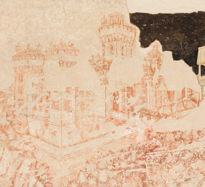 Palazzo Ducale, Pisanello room, north-east wall: “Tournament-Battle of Louvezerp”, 1430-1433, by Antonio di Puccio, known as Pisanello. detached wall painting, mixed media. The subject is taken from “Le roman en prose de Tristan”, a masterpiece of chivalric literature.
Detail with a turreted city, the castle of King Brangoire, which recalls the Mantuan castle of San Giorgio.
Palazzo Ducale, Mantova (MN) - Mantua, Lombardia - Lombardy, Italia - Italy
