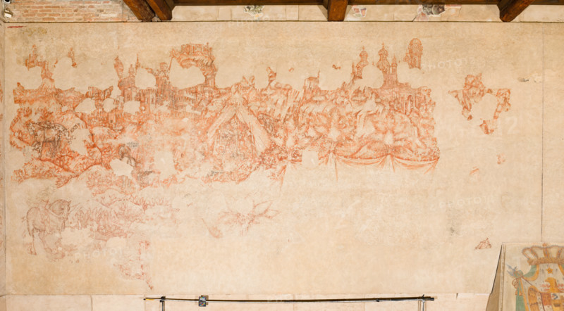 Palazzo Ducale, sala del Pisanello, parete nord-est: “Torneo-battaglia di Louvezerp”,  1430-1433, di Antonio di Puccio, detto il Pisanello. pittura murale strappata, tecnica mista.  Il soggetto è tratto da “Le roman en prose de Tristan”, capolavoro della letteratura cavalleresca.
Dettaglio con tenda, alberi, cavalli, cavalieri.

[ENG]
Palazzo Ducale, Pisanello room, north-east wall: “Tournament-Battle of Louvezerp”, 1430-1433, by Antonio di Puccio, known as Pisanello. detached wall painting, mixed media. The subject is taken from “Le roman en prose de Tristan”, a masterpiece of chivalric literature.
Detail with tent, horses, knights and trees.
Palazzo Ducale, Mantova (MN) - Mantua, Lombardia - Lombardy, Italia - Italy