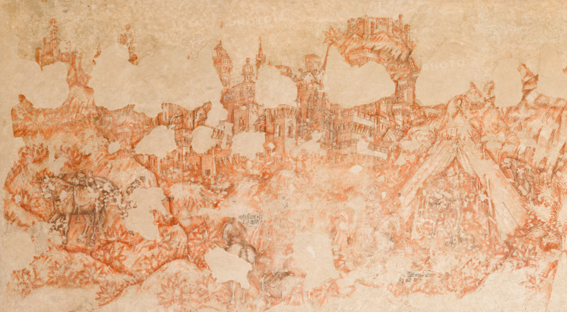 Palazzo Ducale, sala del Pisanello, parete nord-est: “Torneo-battaglia di Louvezerp”,  1430-1433, di Antonio di Puccio, detto il Pisanello. pittura murale strappata, tecnica mista.  Il soggetto è tratto da “Le roman en prose de Tristan”, capolavoro della letteratura cavalleresca.
Dettaglio con tenda, alberi, cavalli, cavalieri.

[ENG]
Palazzo Ducale, Pisanello room, north-east wall: “Tournament-Battle of Louvezerp”, 1430-1433, by Antonio di Puccio, known as Pisanello. detached wall painting, mixed media. The subject is taken from “Le roman en prose de Tristan”, a masterpiece of chivalric literature.
Detail with tent, horses, knights and trees.
Palazzo Ducale, Mantova (MN) - Mantua, Lombardia - Lombardy, Italia - Italy