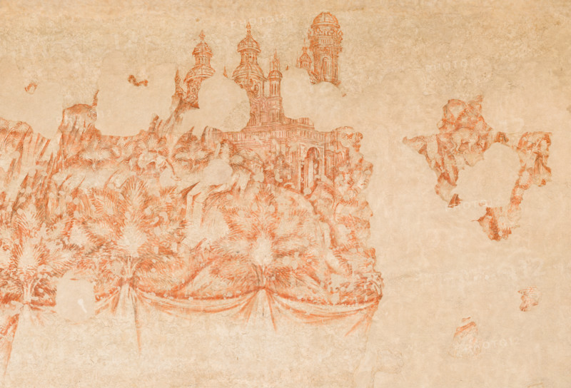 Palazzo Ducale, sala del Pisanello, parete nord-est: “Torneo-battaglia di Louvezerp”,  1430-1433, di Antonio di Puccio, detto il Pisanello. pittura murale strappata, tecnica mista.  Il soggetto è tratto da “Le roman en prose de Tristan”, capolavoro della letteratura cavalleresca.
Dettaglio con alberi e palazzo.

[ENG]
Palazzo Ducale, Pisanello room, north-east wall: “Tournament-Battle of Louvezerp”, 1430-1433, by Antonio di Puccio, known as Pisanello. detached wall painting, mixed media. The subject is taken from “Le roman en prose de Tristan”, a masterpiece of chivalric literature.
Detail with a palace and trees.
Palazzo Ducale, Mantova (MN) - Mantua, Lombardia - Lombardy, Italia - Italy