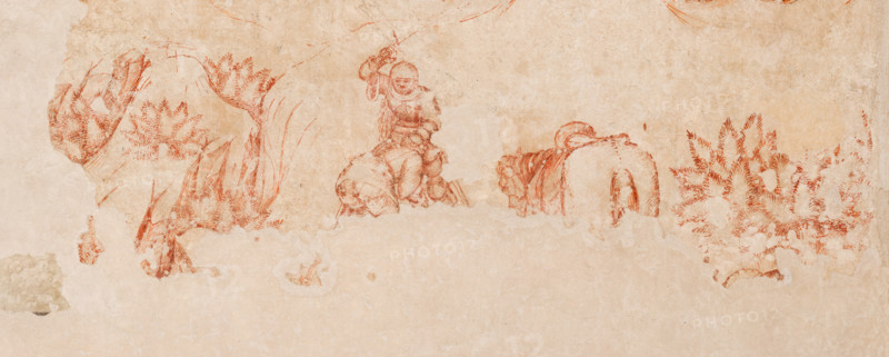 Palazzo Ducale, sala del Pisanello, parete nord-est: “Torneo-battaglia di Louvezerp”,  1430-1433, di Antonio di Puccio, detto il Pisanello. pittura murale strappata, tecnica mista.  Il soggetto è tratto da “Le roman en prose de Tristan”, capolavoro della letteratura cavalleresca.
Dettaglio con cavaliere, alberi e cavallo.

[ENG]
Palazzo Ducale, Pisanello room, north-east wall: “Tournament-Battle of Louvezerp”, 1430-1433, by Antonio di Puccio, known as Pisanello. detached wall painting, mixed media. The subject is taken from “Le roman en prose de Tristan”, a masterpiece of chivalric literature.
Detail with horse, knight and trees.
Palazzo Ducale, Mantova (MN) - Mantua, Lombardia - Lombardy, Italia - Italy