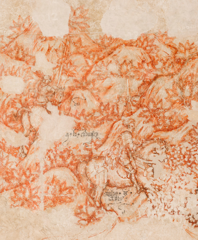 Palazzo Ducale, Pisanello room, north-east wall: “Tournament-Battle of Louvezerp”, 1430-1433, by Antonio di Puccio, known as Pisanello. detached wall painting, mixed media. The subject is taken from “Le roman en prose de Tristan”, a masterpiece of chivalric literature.
Detail with horses, knights and trees.
Palazzo Ducale, Mantova (MN) - Mantua, Lombardia - Lombardy, Italia - Italy